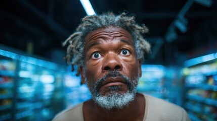 An expressive portrait of a surprised man in a grocery store aisle, gazing up with wide eyes, capturing the essence of shock and curiosity in a vibrant setting.