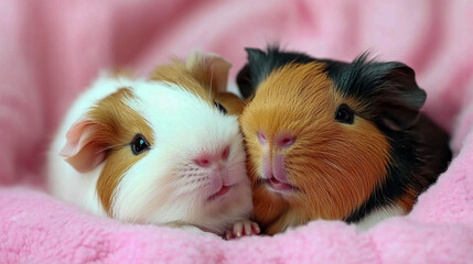 Two guinea pigs in close-up on a pink background, a concept of love, friendship, pets, and cute Valentine's Day greetings.