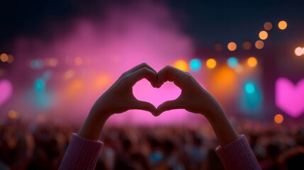 Close-up of a viewer's hands folded in the shape of a heart against the backdrop of a concert stage with bright pink light and smoke; a music festival, emotions, unity, and love for music.