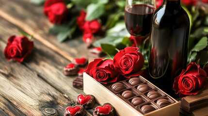 A bottle of red wine and a glass, a bouquet of scarlet roses, and a row of chocolates, a Valentine's Day gift.