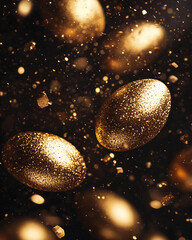 The golden eggs, studded with glitter, seem to float in a dark space surrounded by shining particles and sparks.
