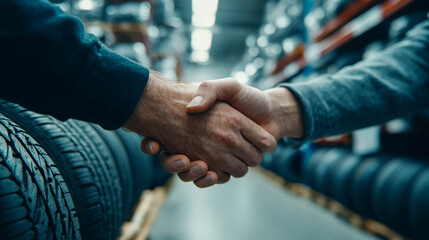A business handshake between two men in an auto repair shop or a tire warehouse, representing the concept of agreement, partnership, and the sale and service of cars.