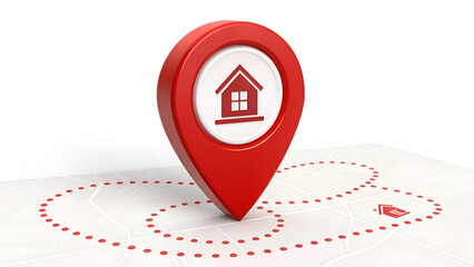 Red location pin marks house on map with dotted route lines