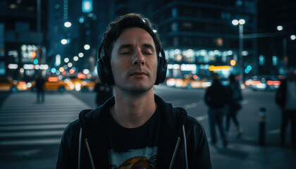 Fototapeta premium Young man wearing headphones listening to music on city street