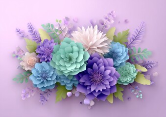 A detailed arrangement of paper flowers in various pastel hues on a light purple surface