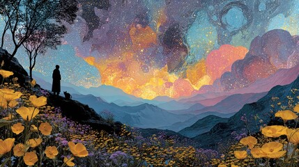 Colorful landscape with black cat gazing at starry night sky among vibrant flowers in a dreamlike scene at dusk