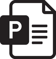 Icon Representing a Document File with the Letter P and Horizontal Lines on a White Background Keywords: document, file, icon, letter P, presentation, page, paper, symbol, graphic, design