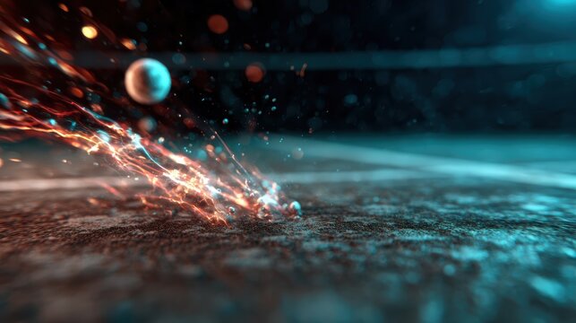 A dynamic artistic representation of a tennis ball hitting the court surface, showcasing motion, energy, and the excitement of tennis through a visually striking design.