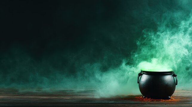 An atmospheric image of a black cauldron emitting vibrant green smoke, evoking feelings of mystery and the unknown, reminiscent of magical or supernatural themes. - Powered by Adobe
