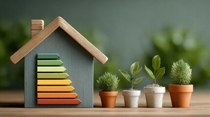 Energy efficiency house model with colored indicators displayed on a wooden table against a blurred green background