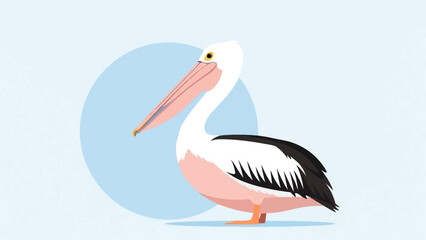 Obraz premium A stylized pelican with pink and white feathers stands against a light blue circle on a pale blue background