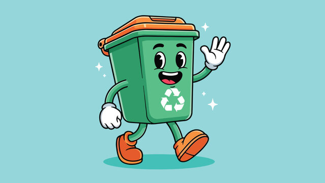 Cute cartoon recycling bin character waving hello.