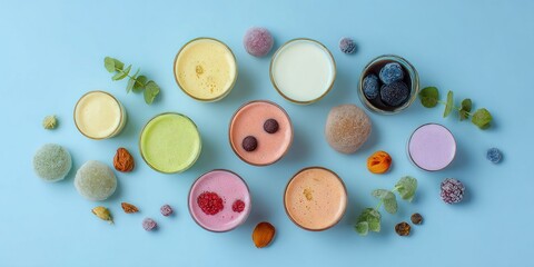 Assortment of colorful smoothies and frozen treats artfully arranged on a light blue surface
