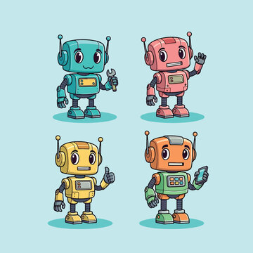 Cute Robot Characters Set.