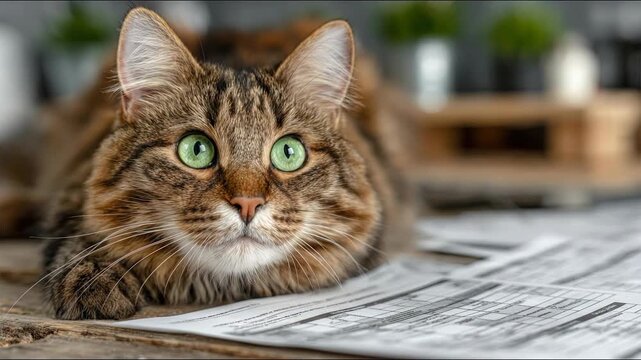 Striking cat with captivating green eyes embodying elegance and mystery while outlining a risk mitigation plan. Strategic Cat &ndash; Risk Mitigation Mode Activated