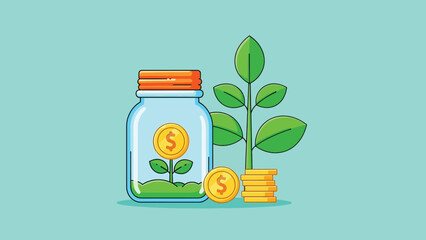 Money Tree Growing Inside a Glass Jar with Coins.