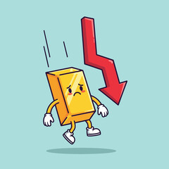 Sad Gold Bar Character Falling with Downward Red Arrow.