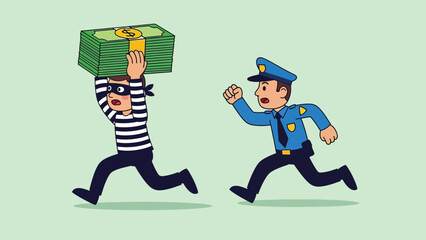 Thief carrying stolen money bag chased by police officer illustration.