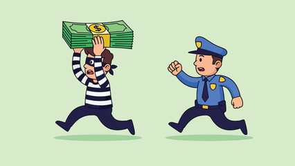 Thief running with money bag chased by police officer cartoon illustration.
