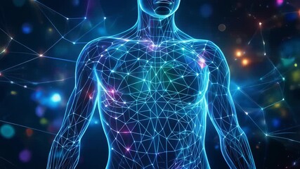 Futuristic digital human body representation with glowing connections and blue background - Powered by Adobe