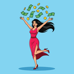 Woman happily throwing money with coins in the air.