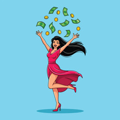 Woman happily throwing money and coins in the air.