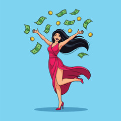 Woman in Red Dress Celebrating with Falling Money and Coins.