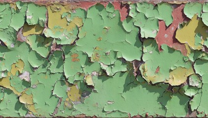 Close-up of weathered surface with peeling green, yellow, and red paint revealing decay