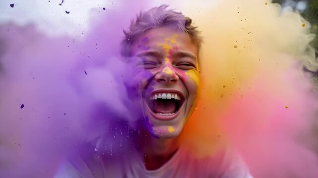 Young person laughing with eyes closed as multicolored holi powder explodes around face in pink purple smoke cloud outdoors, concept of holi festival