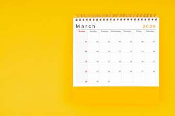 March desk calendar for 2026 year. Blank calendar for your appointment or reminder.