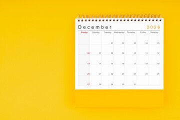 December desk calendar for 2026 year. Blank calendar for your appointment or reminder.