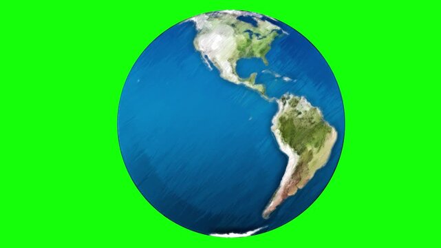 Earth rotating 360 degrees sketch version footage with green screen. 3D FX animation.