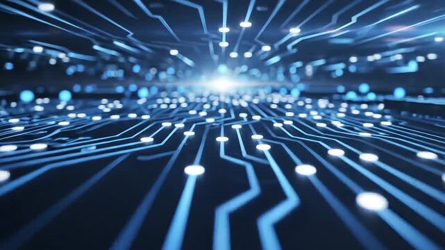 Abstract glowing blue digital circuit board with intricate connections and bright light.