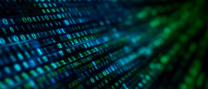 Digital binary code with glowing blue and green characters on a dark background.