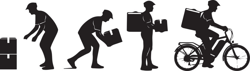 Delivery worker sequentially performing tasks from loading to biking