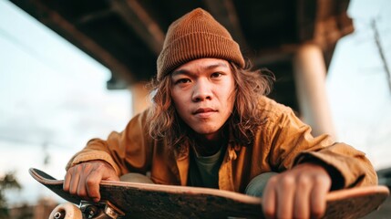An energetic young skateboarder in a beanie and jacket balances on their skateboard, backlit by a vibrant sunset, capturing the thrill of youth and adventure.