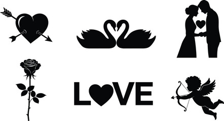 Love silhouette icons, heart, swans, couple, rose, cupid, romantic symbols, Valentine’s Day vector, affection, passion, black illustration set © Habiba