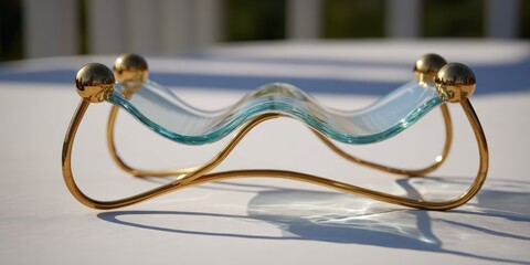 Elegant glass dish with a wavy design, supported by a curved gold-colored metal frame