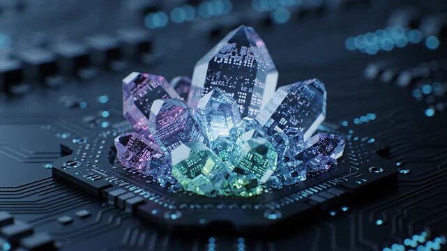 Technology crystal formation on a circuit board, advanced technology concept, computer chips, future, innovation.
