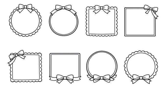 Hand drawn line art frames and borders set featuring various scalloped and plain shapes with decorative bows for greeting cards and invitations