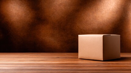 A simple, empty cardboard box placed on a rustic wooden table, evoking a sense of anticipation and the promise of what could be inside, perfect for marketing and logistics.