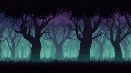 Haunted Forest Pixel Art Game Level with Twisted Trees and Fog