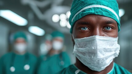 A dedicated surgeon with striking blue eyes stands in the operating room wearing a mask and surgical cap, embodying professionalism and focus in a high-stakes medical environment.