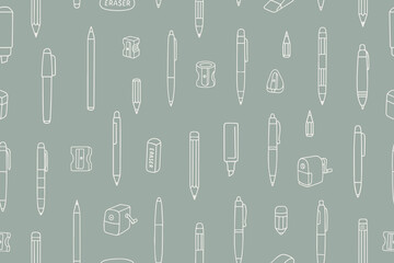  Seamless vector illustration featuring various stationery items such as pens, pencils, erasers, and sharpeners in a repeating pattern. Ideal for school, office, or design projects.