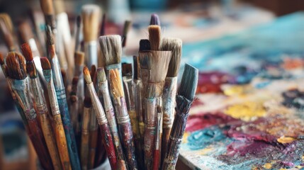 Obraz premium Education training class. Knowledge learning improvement study. A closeup shot of a collection of paintbrushes in a vase on a table, with a blurred background suggesting an art studio.