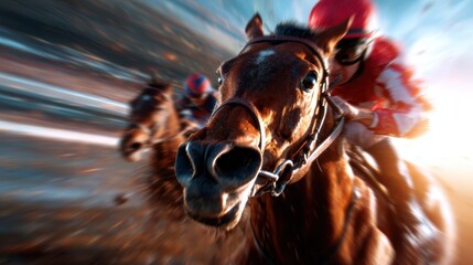 A dramatic moment captured in racing, showcasing a strong, focused racehorse in close proximity, exemplifying speed and determination amid a blurred background of motion.