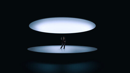 Futuristic composition with woman standing under floating oval light. Concept of immersive business showcases, technology conferences, startup demos, future focused brand and innovation spaces.