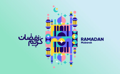 Colorful geometric illustration celebrating Ramadan with Arabic calligraphy and lantern motifs. The design features vibrant colors and abstract shapes, conveying a festive and spiritual atmosphere.