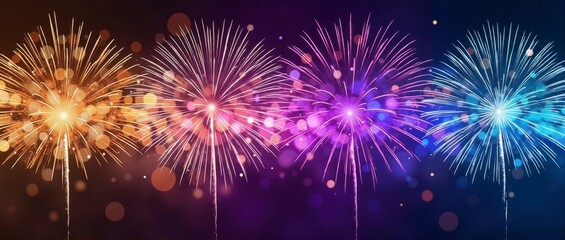 Fototapeta premium Series of fireworks are lit up in the sky, creating a colorful