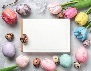 Easter card mockup with eggs and tulips. Blank Easter greeting card surrounded by pastel eggs, tulips and feathers on a light background. Flat lay spring mockup with copy space.